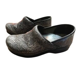 Dansko Metallic Floral Embossed Leather Clogs Comfort Work Shoes Women Size 39